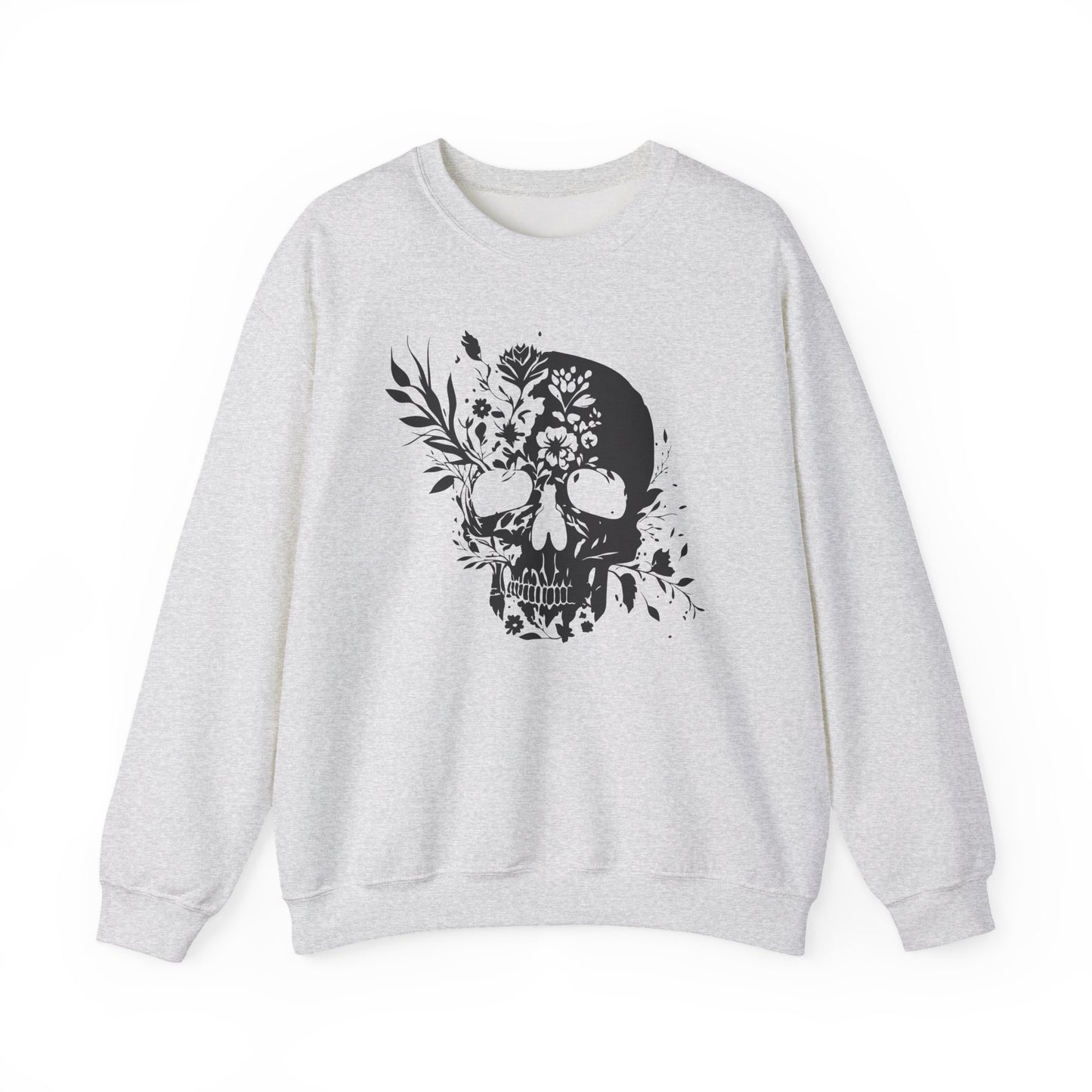 Floral Skull Sweatshirt – Edgy Aesthetic Crewneck, Gothic Skull with Flowers, Unisex Heavy Blend, Alternative Style Pullover