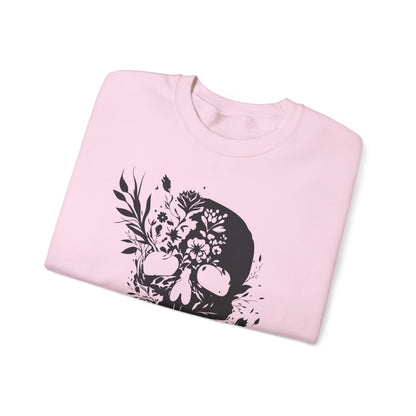 Floral Skull Sweatshirt – Edgy Aesthetic Crewneck, Gothic Skull with Flowers, Unisex Heavy Blend, Alternative Style Pullover