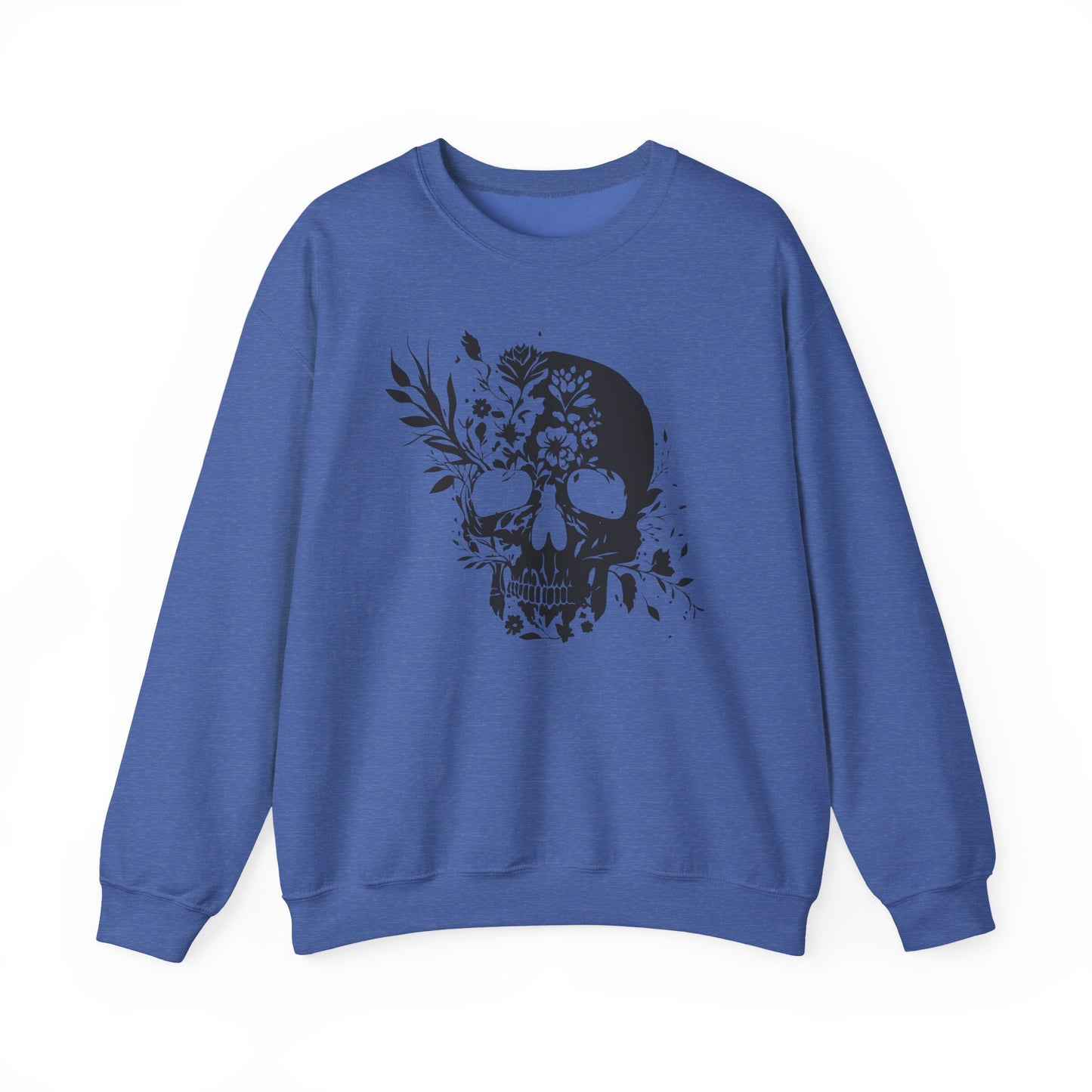 Floral Skull Sweatshirt – Edgy Aesthetic Crewneck, Gothic Skull with Flowers, Unisex Heavy Blend, Alternative Style Pullover