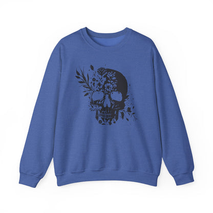 Floral Skull Sweatshirt – Edgy Aesthetic Crewneck, Gothic Skull with Flowers, Unisex Heavy Blend, Alternative Style Pullover