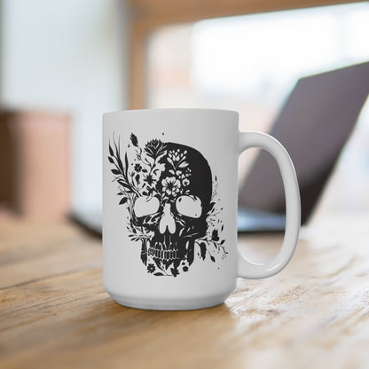 Floral Skull Mug 15oz – Edgy Aesthetic Coffee Cup, Gothic Skull with Flowers, Dark Humor Gift, Alternative Style Mug
