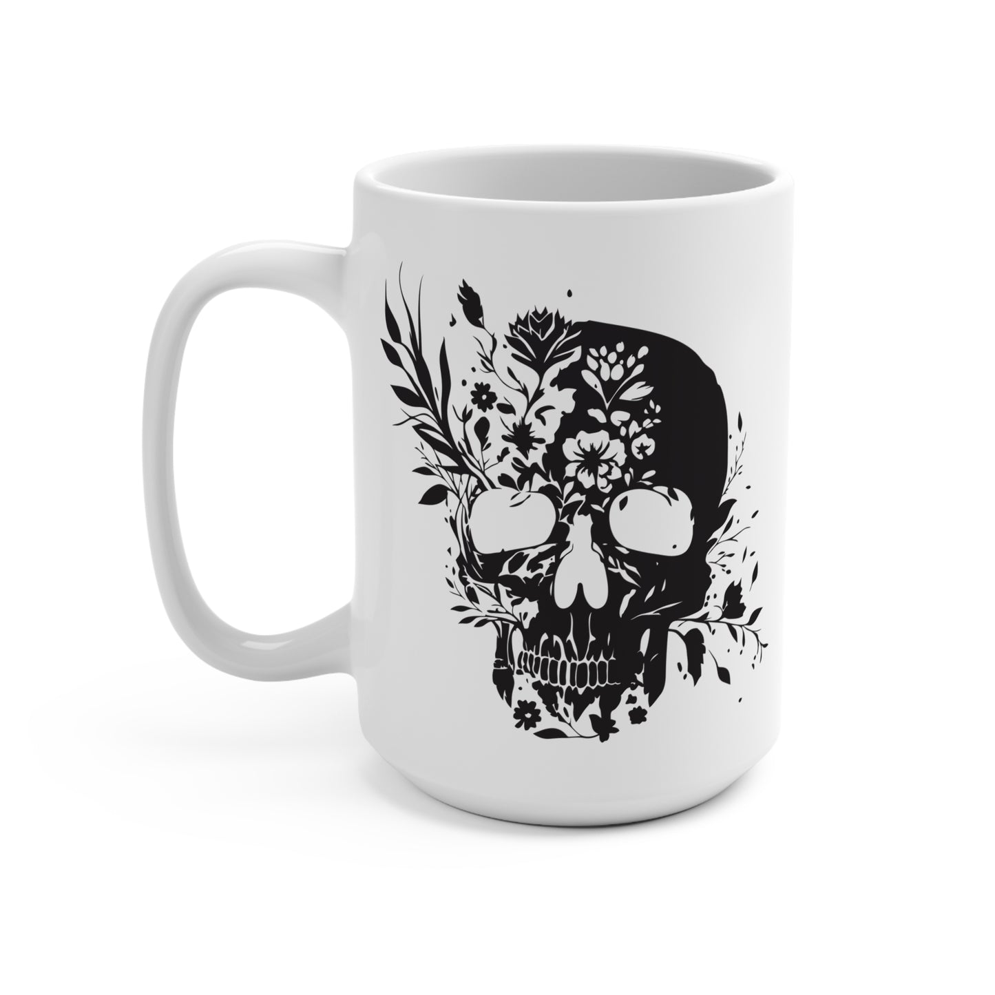 Floral Skull Mug 15oz – Edgy Aesthetic Coffee Cup, Gothic Skull with Flowers, Dark Humor Gift, Alternative Style Mug
