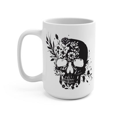 Floral Skull Mug 15oz – Edgy Aesthetic Coffee Cup, Gothic Skull with Flowers, Dark Humor Gift, Alternative Style Mug