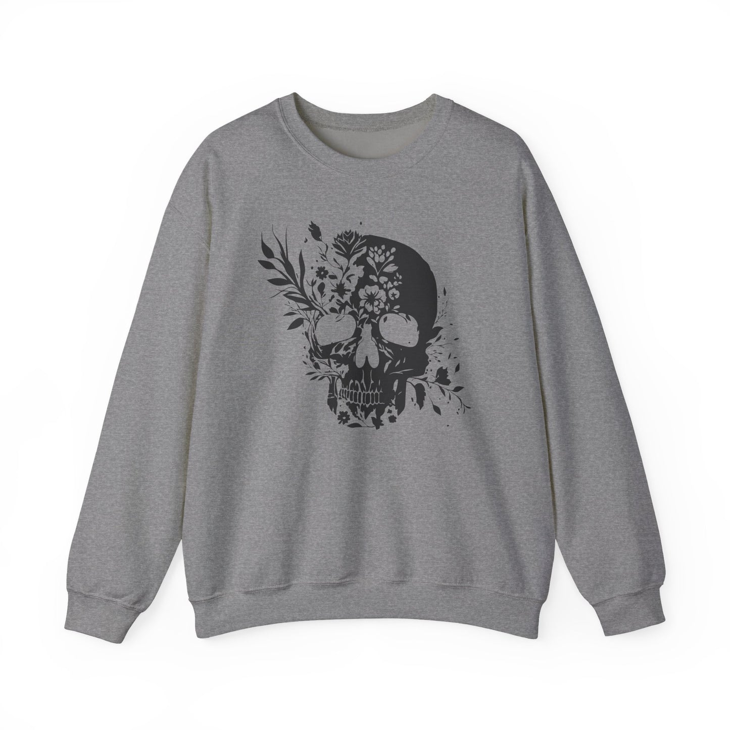 Floral Skull Sweatshirt – Edgy Aesthetic Crewneck, Gothic Skull with Flowers, Unisex Heavy Blend, Alternative Style Pullover