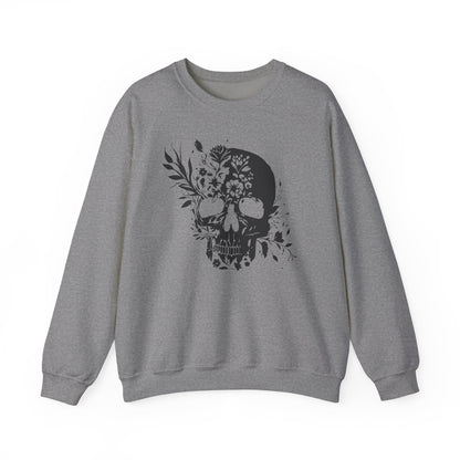 Floral Skull Sweatshirt – Edgy Aesthetic Crewneck, Gothic Skull with Flowers, Unisex Heavy Blend, Alternative Style Pullover