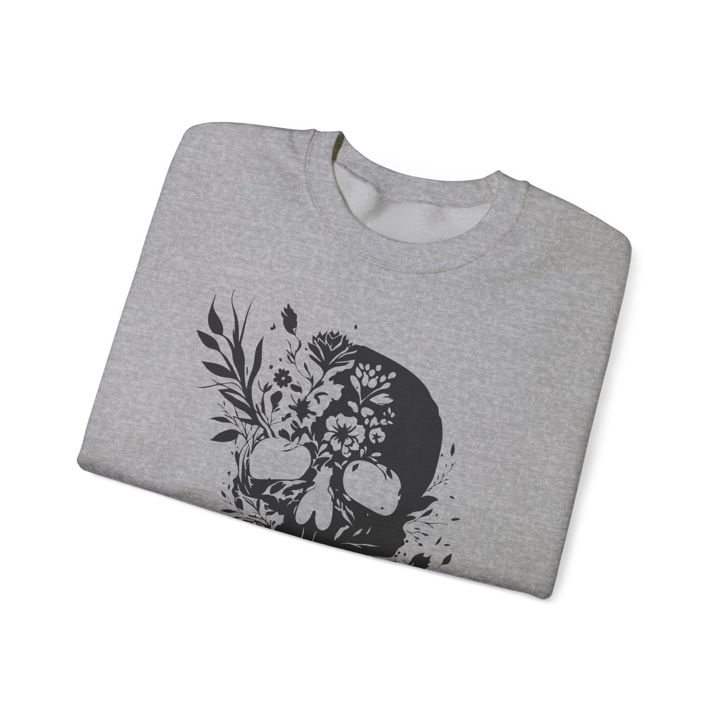Floral Skull Sweatshirt – Edgy Aesthetic Crewneck, Gothic Skull with Flowers, Unisex Heavy Blend, Alternative Style Pullover