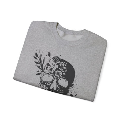Floral Skull Sweatshirt – Edgy Aesthetic Crewneck, Gothic Skull with Flowers, Unisex Heavy Blend, Alternative Style Pullover