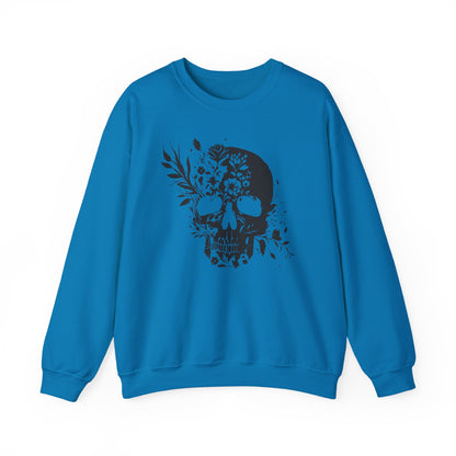Floral Skull Sweatshirt – Edgy Aesthetic Crewneck, Gothic Skull with Flowers, Unisex Heavy Blend, Alternative Style Pullover