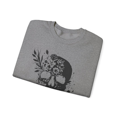 Floral Skull Sweatshirt – Edgy Aesthetic Crewneck, Gothic Skull with Flowers, Unisex Heavy Blend, Alternative Style Pullover
