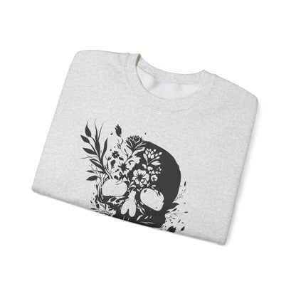 Floral Skull Sweatshirt – Edgy Aesthetic Crewneck, Gothic Skull with Flowers, Unisex Heavy Blend, Alternative Style Pullover