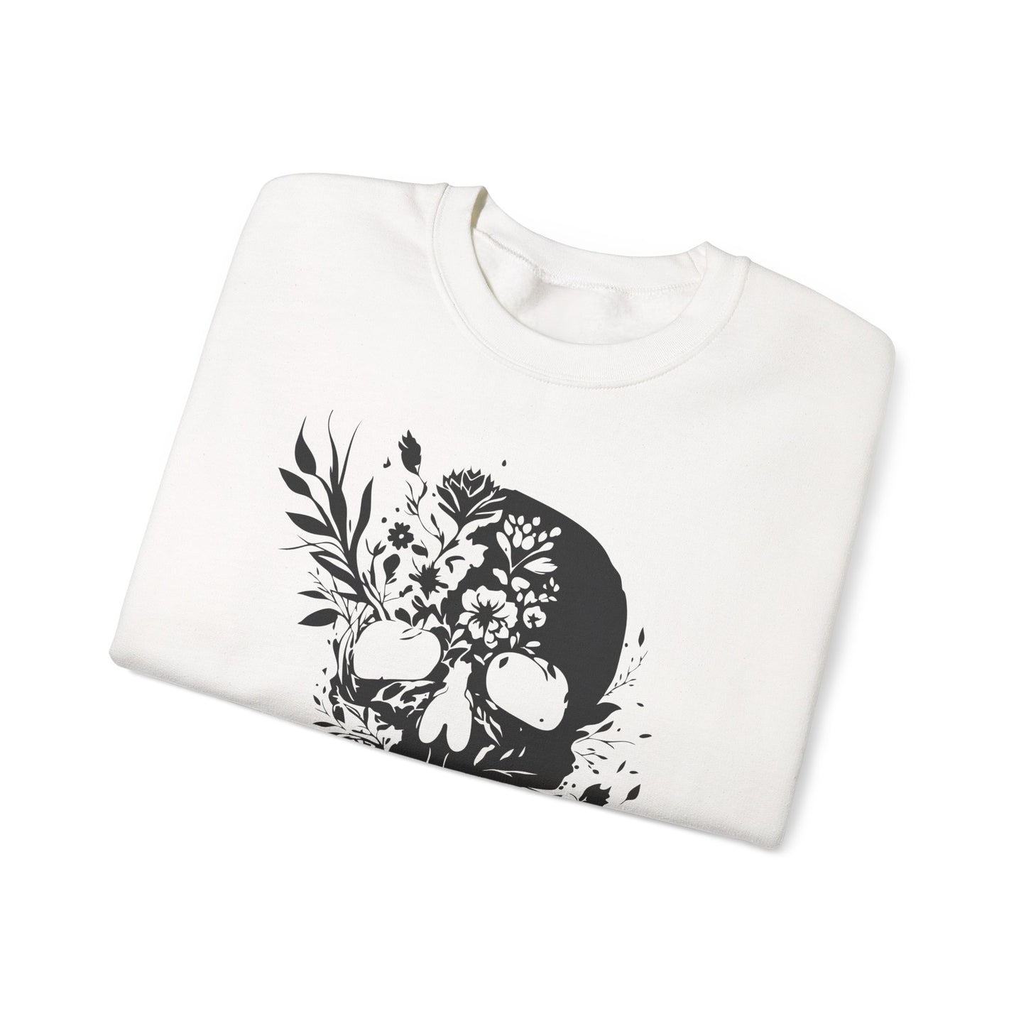 Floral Skull Sweatshirt – Edgy Aesthetic Crewneck, Gothic Skull with Flowers, Unisex Heavy Blend, Alternative Style Pullover