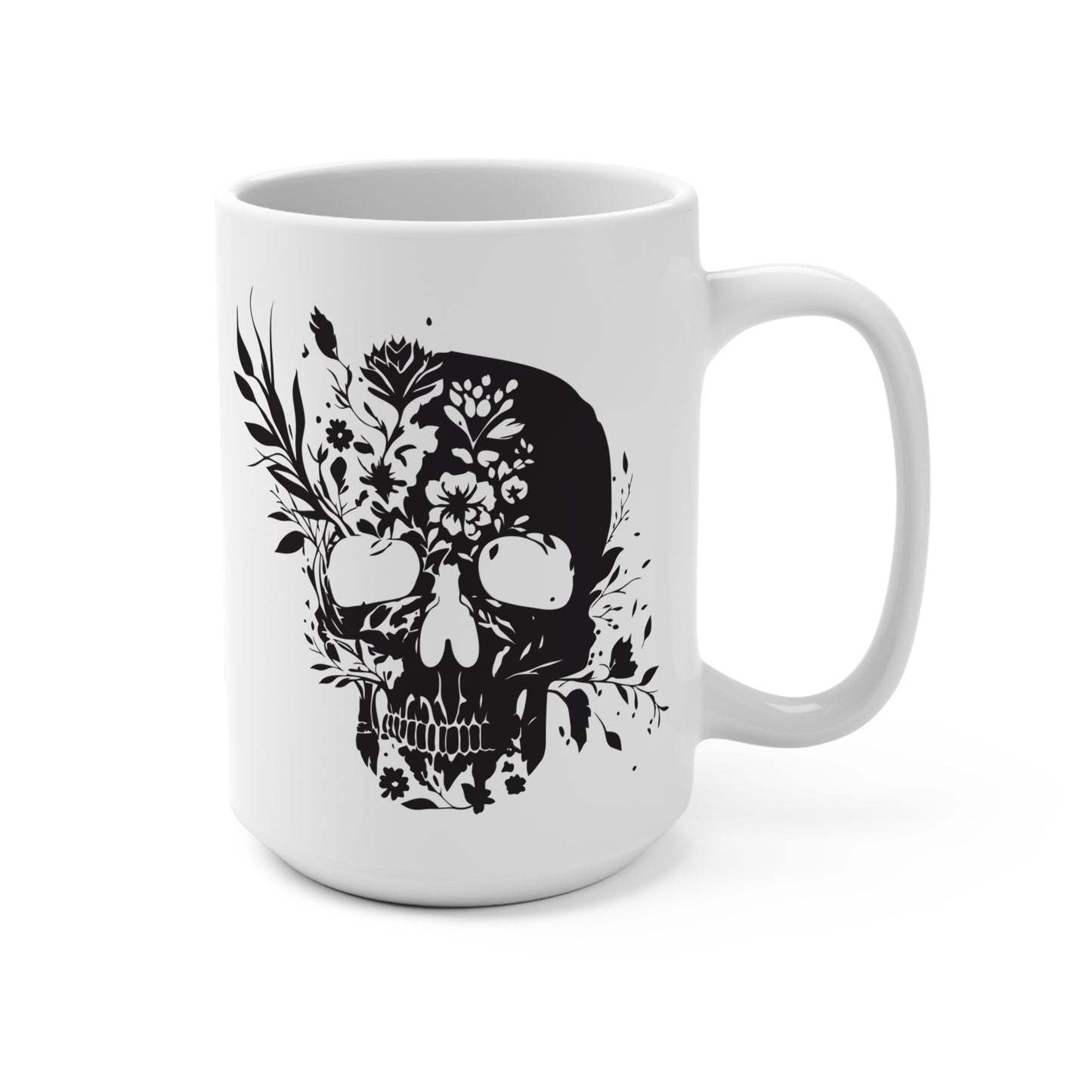 Floral Skull Mug 15oz – Edgy Aesthetic Coffee Cup, Gothic Skull with Flowers, Dark Humor Gift, Alternative Style Mug