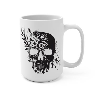 Floral Skull Mug 15oz – Edgy Aesthetic Coffee Cup, Gothic Skull with Flowers, Dark Humor Gift, Alternative Style Mug