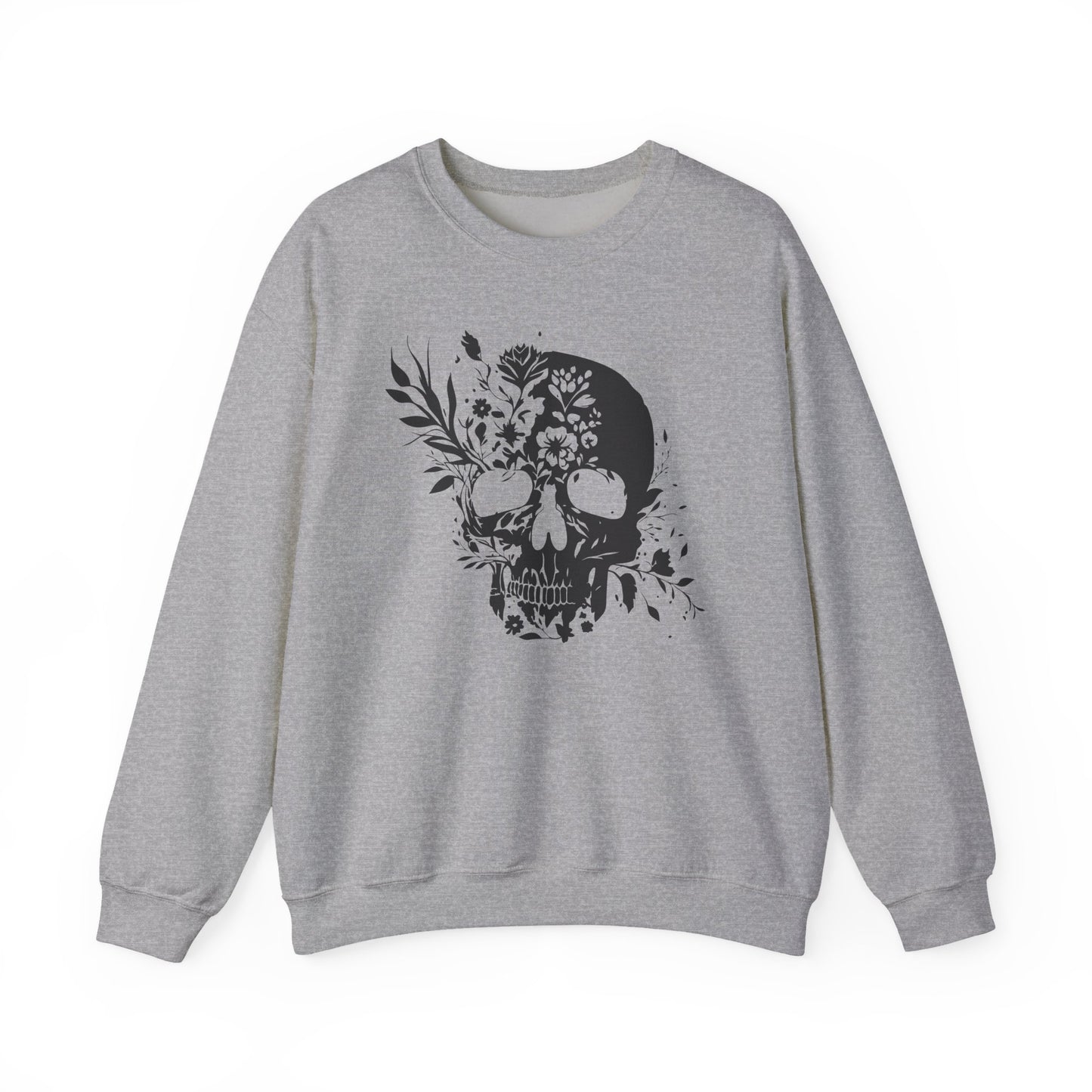 Floral Skull Sweatshirt – Edgy Aesthetic Crewneck, Gothic Skull with Flowers, Unisex Heavy Blend, Alternative Style Pullover