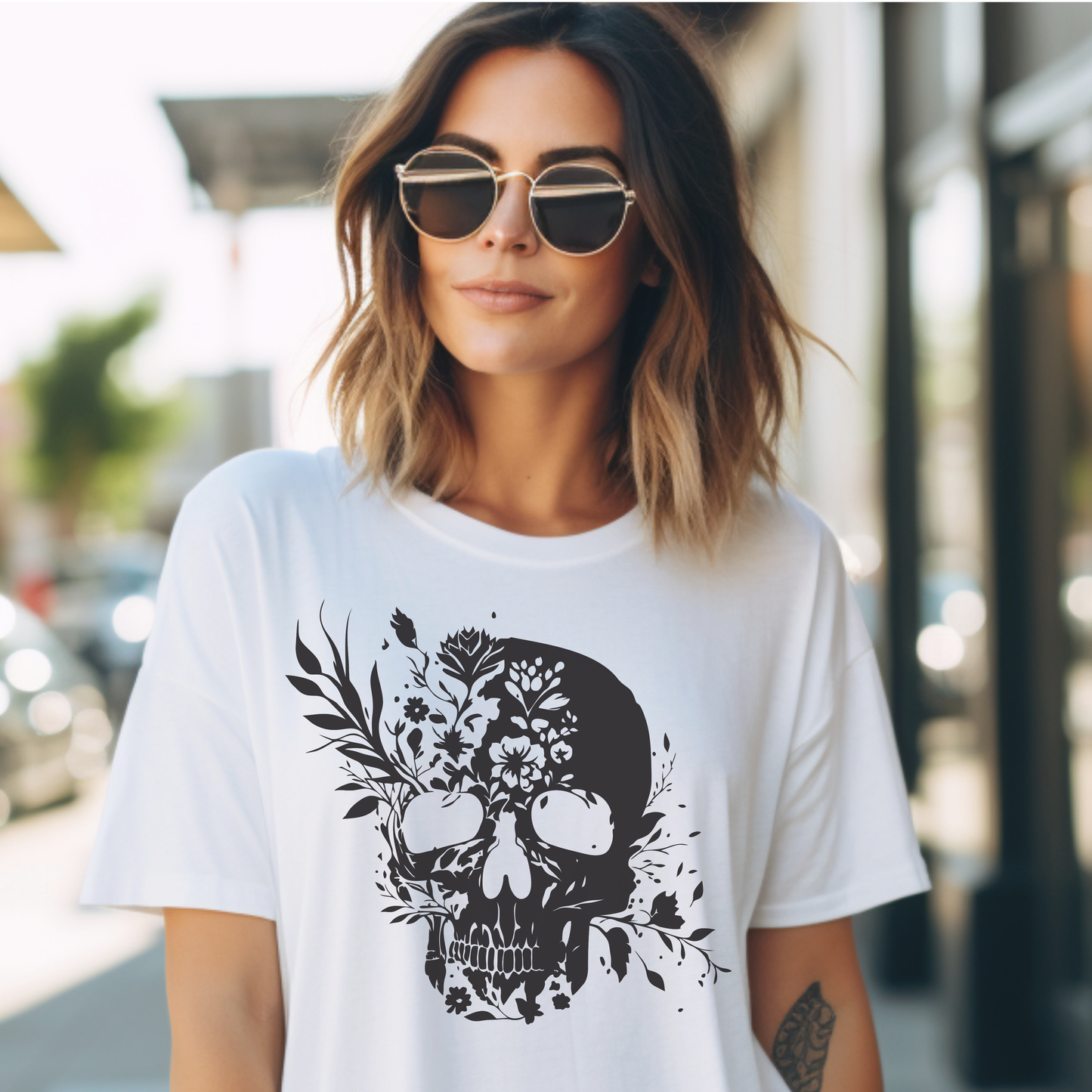 Floral Skull Graphic T-Shirt – Edgy Aesthetic Statement Tee