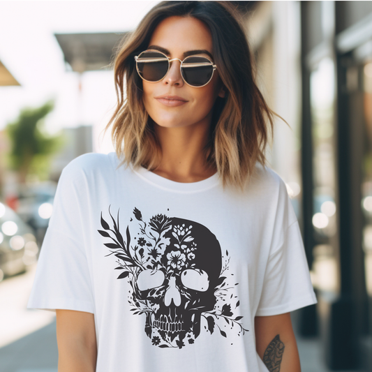 Floral Skull Graphic T-Shirt – Edgy Aesthetic Statement Tee
