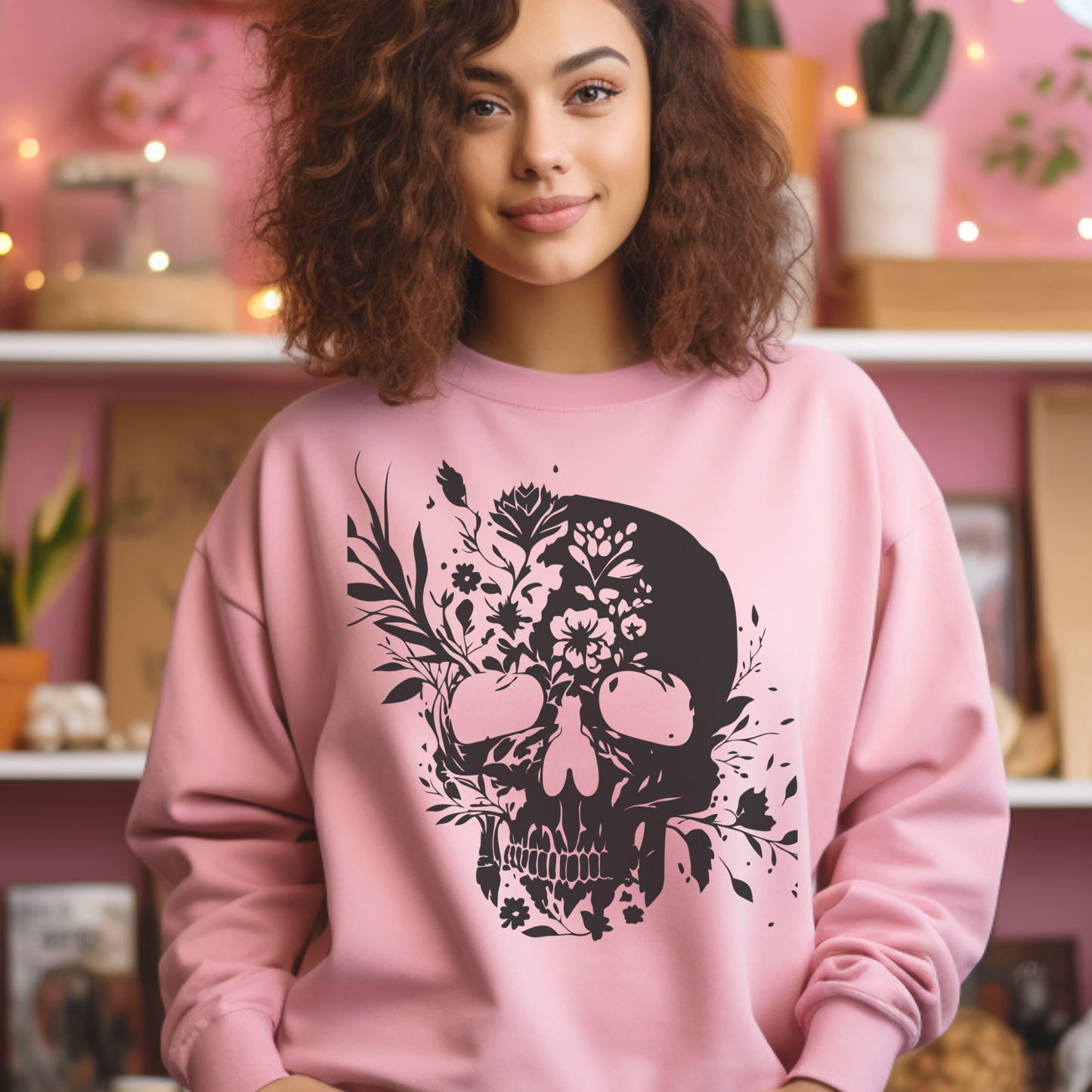 Floral Skull Sweatshirt – Edgy Aesthetic Crewneck, Gothic Skull with Flowers, Unisex Heavy Blend, Alternative Style Pullover